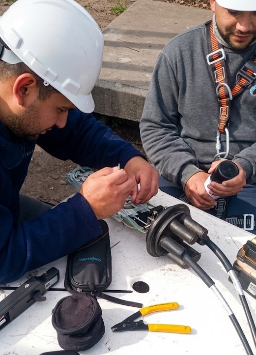 Técnicos preparando una conexión de fibra óptica